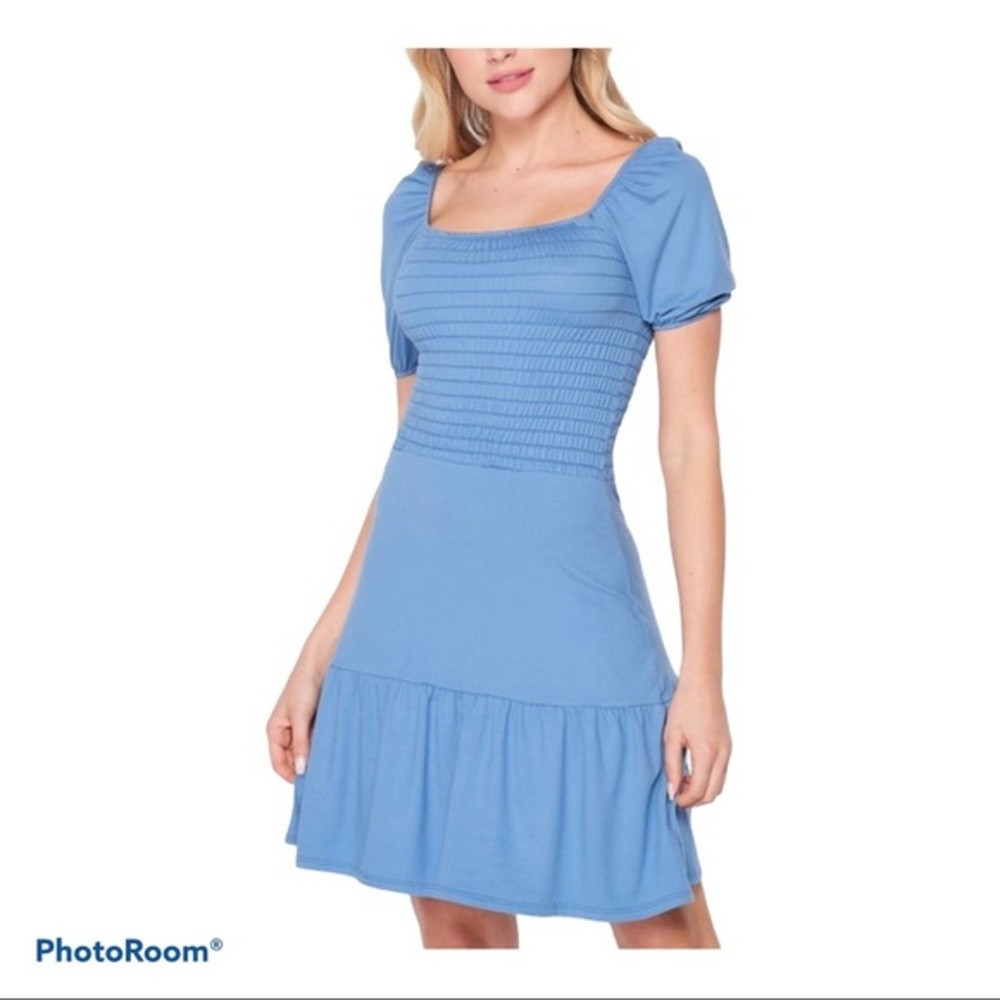 Blue Knit Puff Sleeve Dress, Smocked Front & Back
